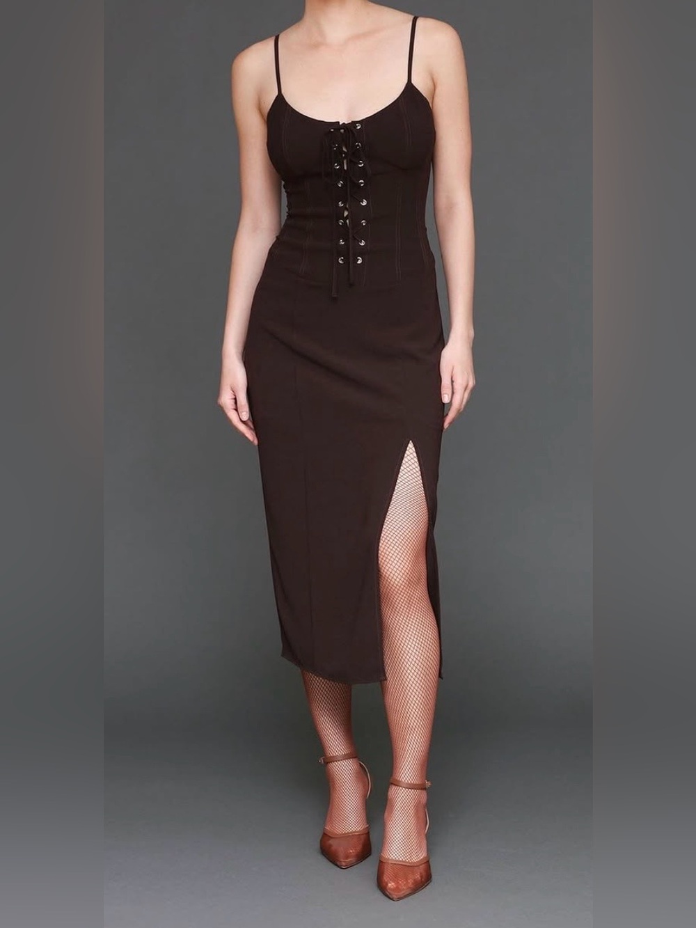Avec Les Filles Dark Brown Lace-Up Midi Dress